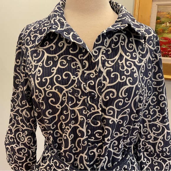 Lilly Pulitzer Shirt DressNavy White Swirl Print Gold Thread Belted - Picture 2 of 8